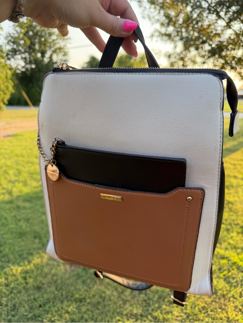 ALDO Portwine White & Brown Leatherette Backpack with Front Pocket